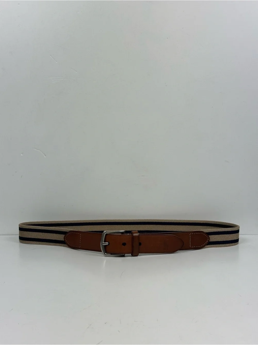 Polo by Ralph Lauren Tan and Navy Striped Canvas Belt with Brown Leather